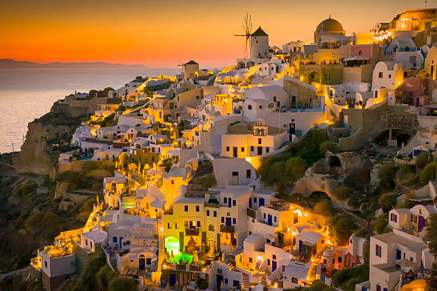 The famous sunset in Oia on the Greek island of Santorini.